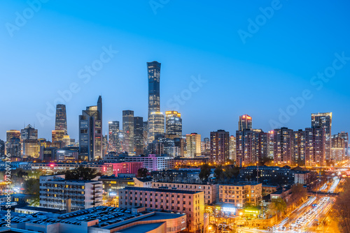 Night view of high-rise buildings in Guomao CBD central business district, Beijing, China