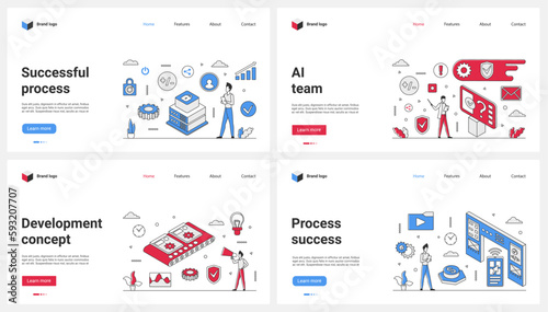 Business development, team process success, AI technology set vector illustration. Cartoon tiny people work with solution conveyor belt, develop digital infrastructure of company and software system