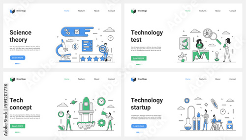 Study of scientific theory, tech startup and modern science technology set vector illustration. Cartoon tiny people launch rocket of technical project, scientists test cell samples with microscope