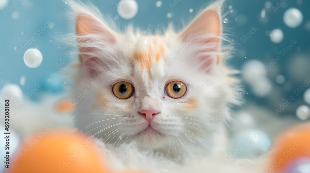 Cute fluffy kitten is washed in white foam on light blue background. Portrait of white cat in soap bubbles. Generative AI. Cute fluffy kitten is washed in white foam on light blue background. Portrait of white cat in soap bubbles. Generative AI.