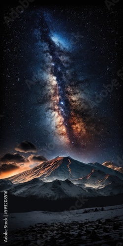 Landscape with Milky Way. Night sky with stars on the mountain. Generative AI