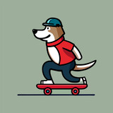 Cute mascot for a dog playing skateboard with a happy expression, flat cartoon design for animal games. Suitable for landing page, cards, books design