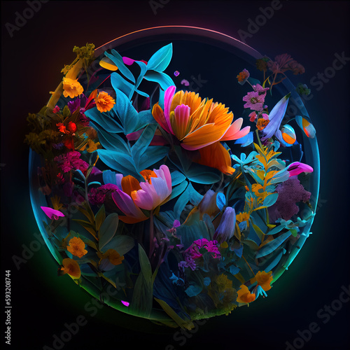 wreath of flowers in a neon circle, AI generated