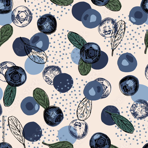 Blueberry sketch seamless vector pattern. Summer organic fruit background. Trendy childish pattern with berries for decoration design, poster, textile. 