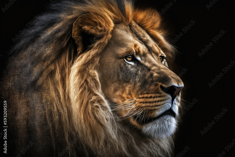 Lion portrait on dark background. lion's face in detail excellent portrait of a lion. a picture of the animal. Generative AI Lion portrait on dark background. lion's face in detail excellent portrait of a lion. a picture of the animal. Generative AI