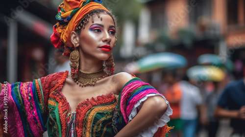 Portrait of beautiful Colombian woman in national costume. Traditional colorful clothes, makeup and jewelry. Female is dancing in street. Generative AI. High quality illustration