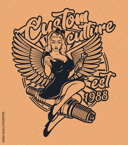 Black and white vintage illustration pin up girl on a spark plug. Perfect for fabric print, t-shirt design. 

