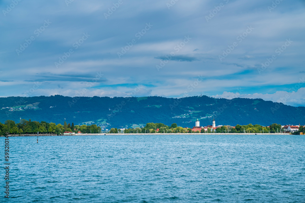 Germany, Bodensee lindau lake water nature landscape panorama view alps mountains and buildings of the old town