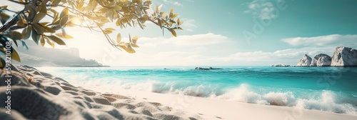 Banner, Hintergrund, Blick von einem Strand mit weißem Sand auf das hellblaue karibische Meer, Generative AI © Jennifer