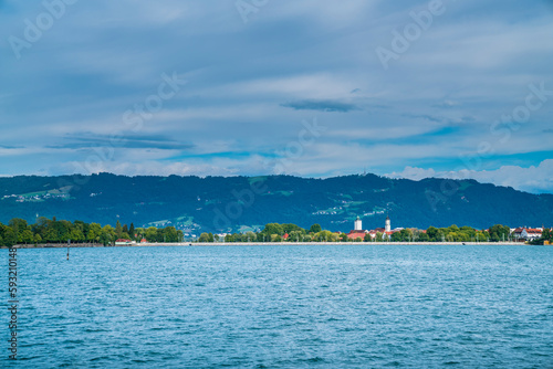 Germany, Bodensee lindau lake water nature landscape panorama view alps mountains and buildings of the old town
