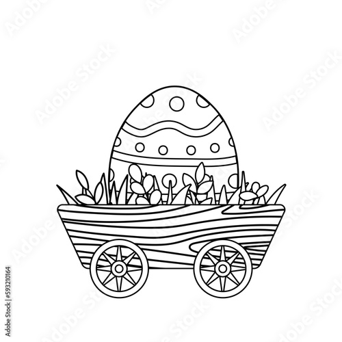 Garden wooden cart with very big Easter egg. Coloring page. Black and white hen. Vector photo