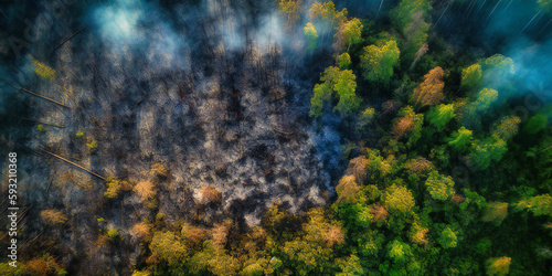 aerial view of forest being burned in the area with green hazard concept