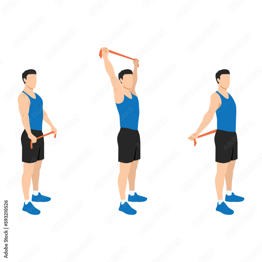 Man doing resistance band chest opener stretch exercise Man doing resistance band chest opener stretch exercise