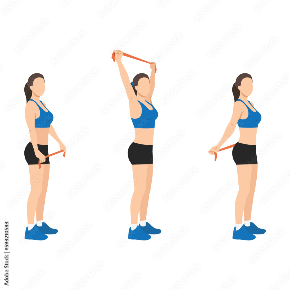 Woman doing resistance band chest opener stretch exercise Woman doing resistance band chest opener stretch exercise