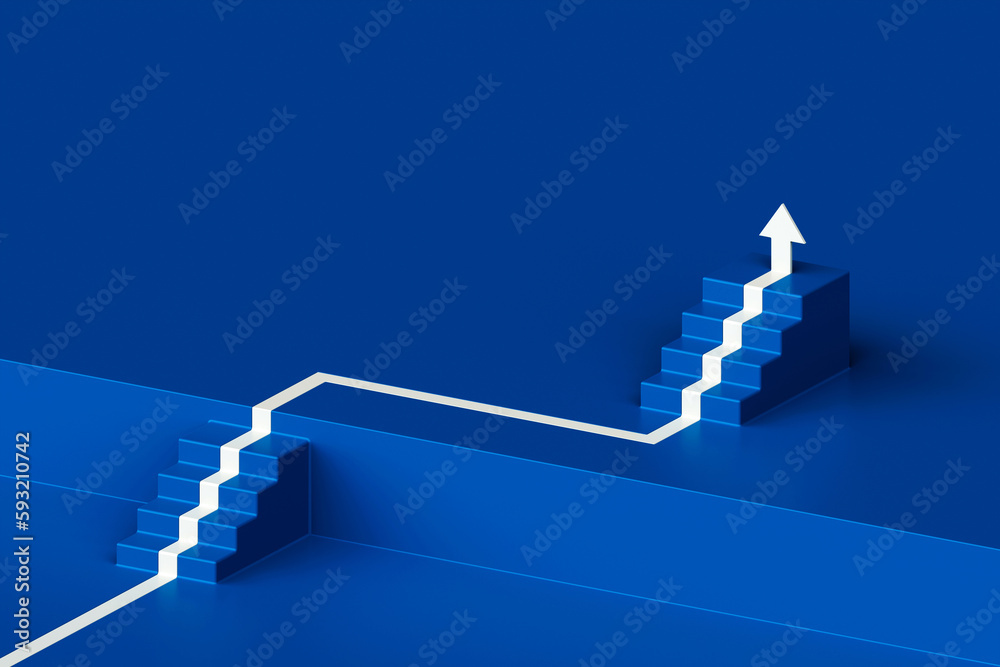 White arrow following the stairs of growth on blue background, 3D arrow climbing up over a staircase , 3d two stairs with arrow going upward, 3d rendering