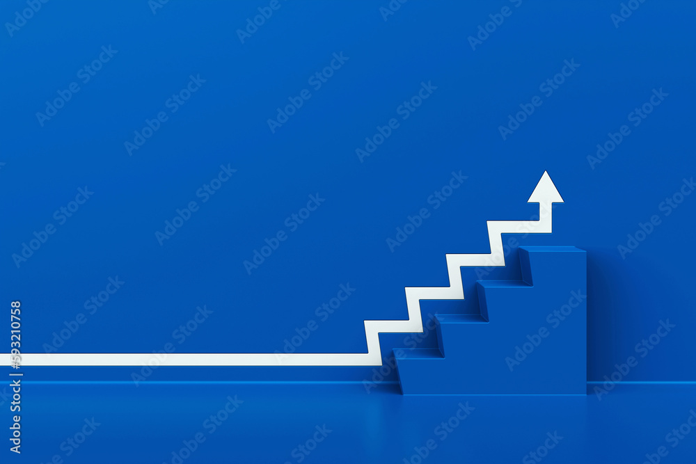 White arrow with stair on blue wall background, 3D arrow climbing up over a blue staircase, 3d rendering