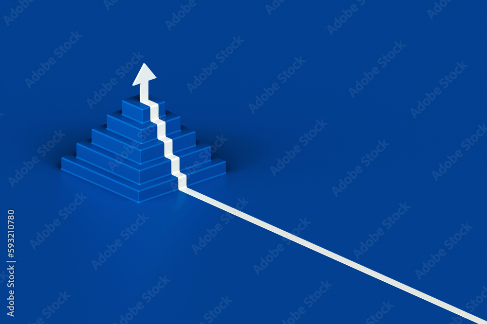 White arrow following the stairs of growth on blue background, 3D arrow climbing up over a staircase , 3d stairs pyramid shape with arrow going upward, 3d rendering