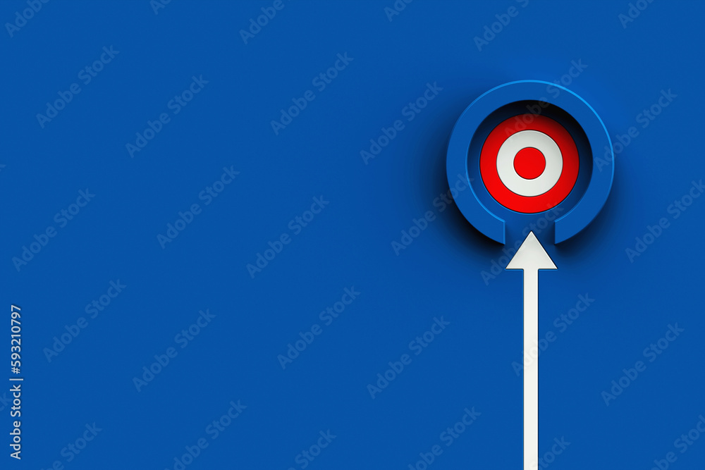 White arrow hit the target on blue wall background. business strategy and target achievement concept. 3d rendering