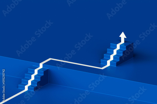 Obraz na płótnie White arrow following the stairs of growth on blue background, 3D arrow climbing up over a staircase , 3d two stairs with arrow going upward, 3d rendering w salonie