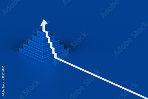 Obraz na płótnie White arrow following the stairs of growth on blue background, 3D arrow climbing up over a staircase , 3d stairs pyramid shape with arrow going upward, 3d rendering w salonie