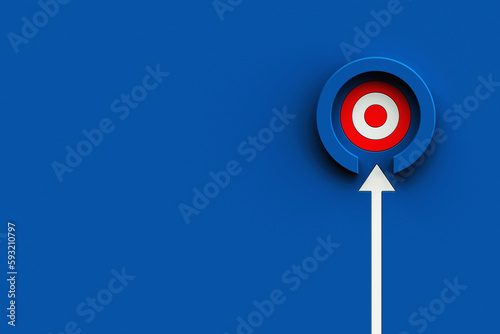 Obraz na płótnie White arrow hit the target on blue wall background. business strategy and target achievement concept. 3d rendering w salonie