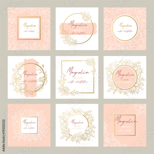 Wedding or party invitation templates with magnolia flowers. Square cards template with botanical design