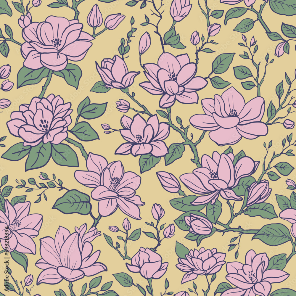 Seamless vector spring floral pattern. Magnolia branches with flowers and leaves