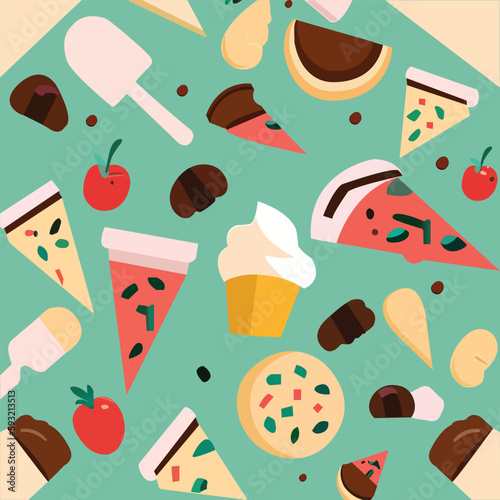 A green square with a pattern of different foods including ice cream, ice cream, and a cupcake.