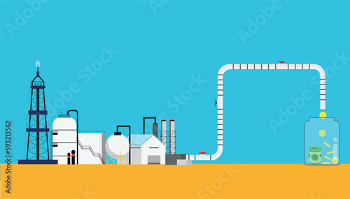 A vector of oil rig with money filled up glass jar. Oil generating income concept.