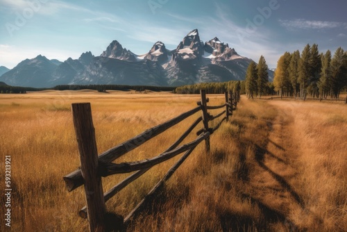 A vertical image shows a wooden fence in the middle of a grassy field and a road. Generative AI