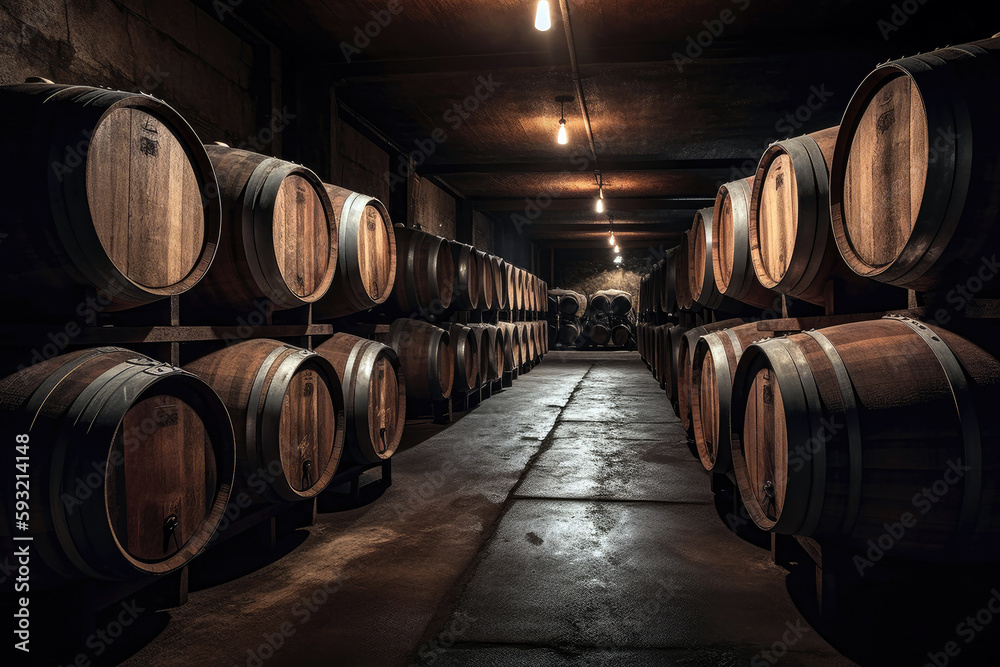 Row Of Wine Barrels Aging In Dark And Cool Cellar. Generative AI