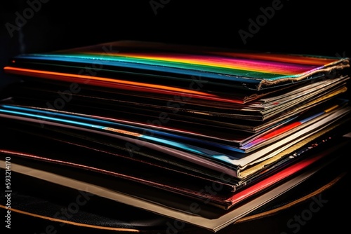 Stack Of Vinyl Records With Colorful Covers. Generative AI