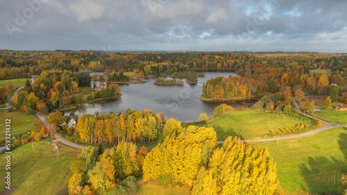 Aerial of the beautiful lake surrounded by the colorful forest on a gloomy autumn day in Estonia