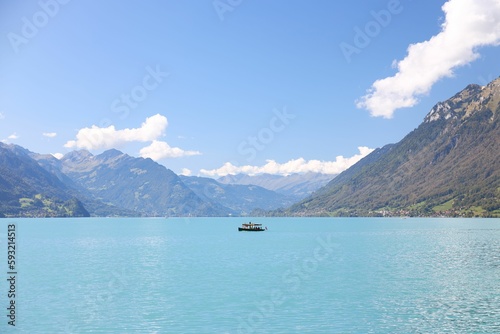 Scenic view of Lake Brienz located in Switzerland surrounded by beautiful mountains © Miguel Angel Soutullo Alvarez/Wirestock Creators