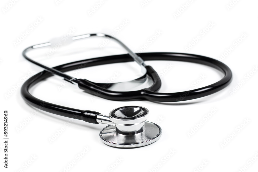 Black stethoscope for doctor diagnostic coronavirus disease, medical tool for health on white background with copy space Black stethoscope for doctor diagnostic coronavirus disease, medical tool for health on white background with copy space