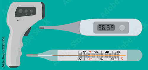 Set of thermometers. Various types of medical devices that measure human body temperature, mercury, glass, plastic, electronic and non-contact. Vector illustration.