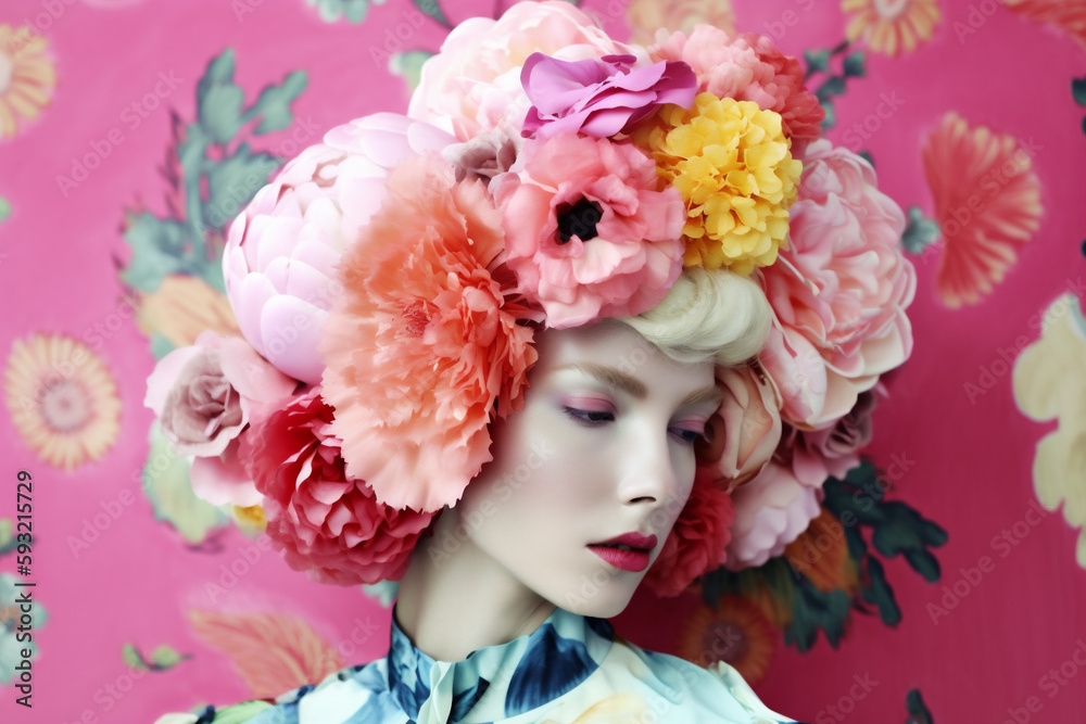 woman art peony flower spring style portrait fashion summer beauty bouquet. Generative AI.