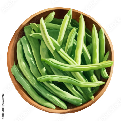 Green Beans on Wooden Bowl Isolated Hand Drawn Painting Illustration