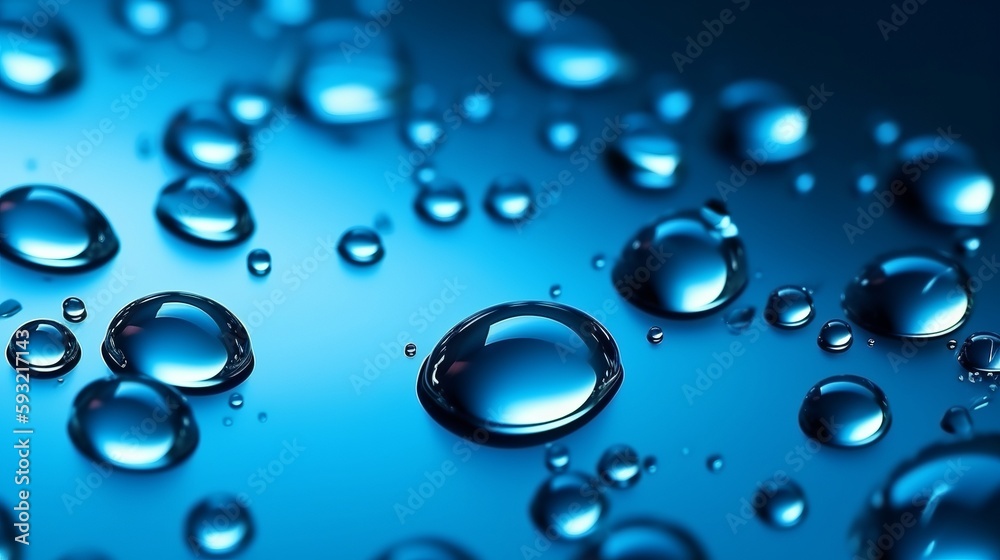 Liquid Drops on Blue Background. Macro Wallpaper Generative AI