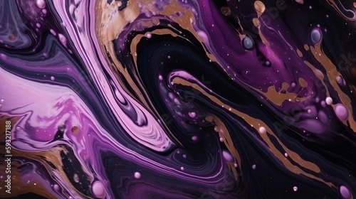 Liquid Swirls in Beautiful Purple and Black colors, with Gold Powder. Abstract Acrylic Pour Background Generative AI