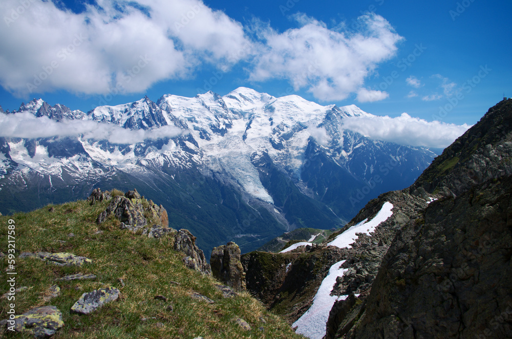view on peaks of Mont Blanc massive in Alps