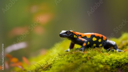 Fire salamander with black skin and colorful spots standing on green moss on blurred background Generative AI