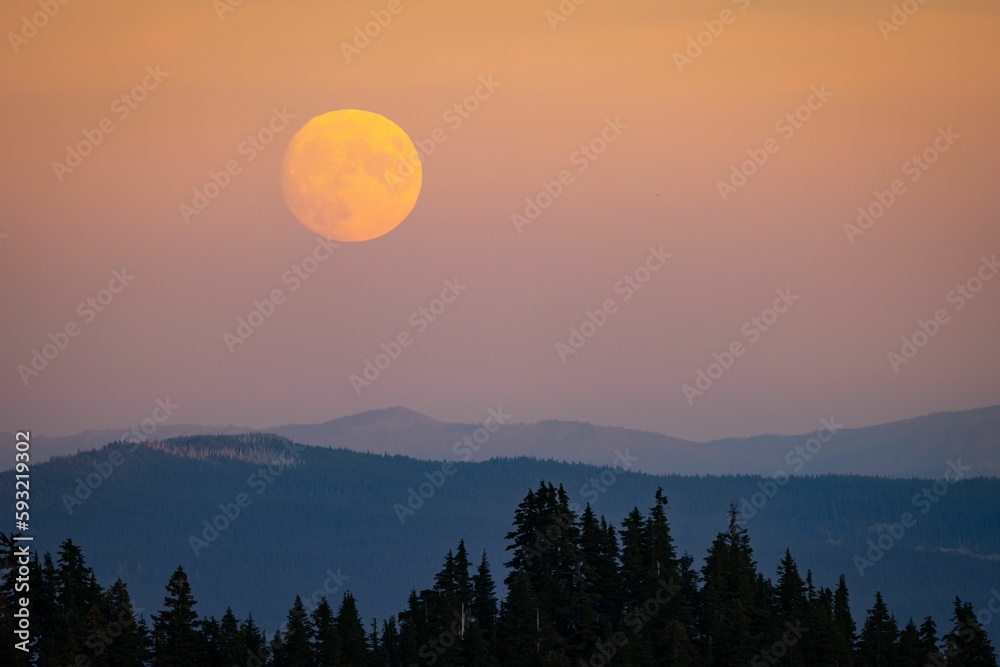 Beautiful landscape of a full neon moon over the mountains in a purple sky