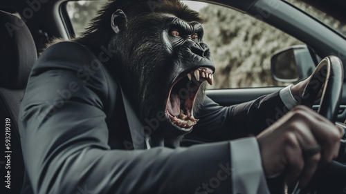 aggressiver Gorilla im Business Anzug voller Wut am schimpfen im Auto beim fahren im Straßenverkehr. Generative Ai. photo