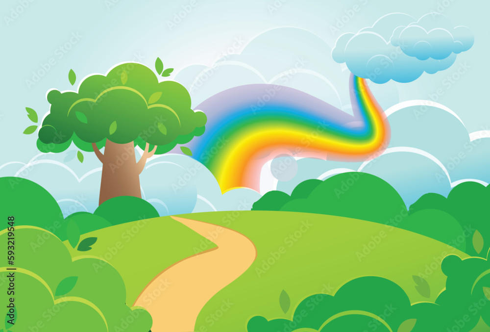 Landscape green meadow and rainbow in the cloud. Fantastic landscape in cartoon style. Illustration of nature, park, tree and clouds.