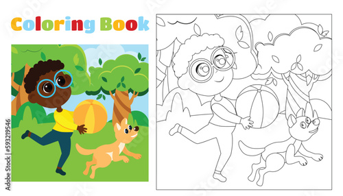 Children's coloring boy runs with a dog in the park in a cartoon style. Coloring page for children aged 4-8 in kindergarten and elementary school. Illustration and black and white outline.