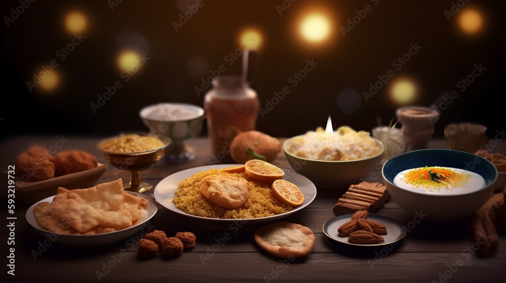 A table filled with Eid and Ramadan food represents the culinary traditions of the Islamic holy month, and is a symbol of communal gathering, hospitality, and celebration, AI Generated