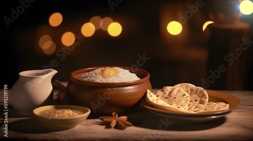 A table filled with Eid and Ramadan food represents the culinary traditions of the Islamic holy month, and is a symbol of communal gathering, hospitality, and celebration, AI Generated