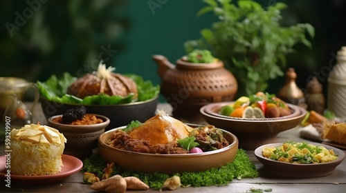 A table filled with Eid and Ramadan food represents the culinary traditions of the Islamic holy month, and is a symbol of communal gathering, hospitality, and celebration, AI Generated