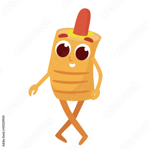 French hot dog smiling and looking happy. Fast food in the form of funny creatures. Character design in cartoon style isolated on white background.
